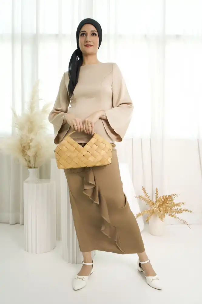 Rona Raya Kurung Collection - Seroja Ruffle Two- piece set Mocha